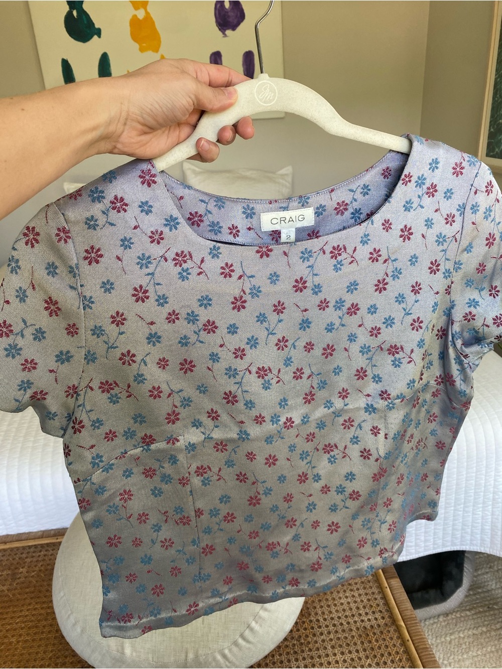 Vintage Metallic Light Blue Floral Short Sleeve Top